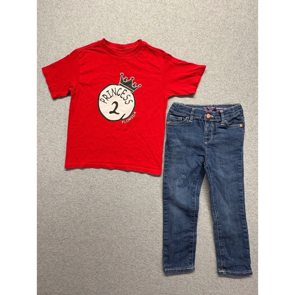 Childrens Place Skinny Jeans 4T & Delta Princess 2 Florida Shirt Size 5/6 Set - Picture 1 of 10
